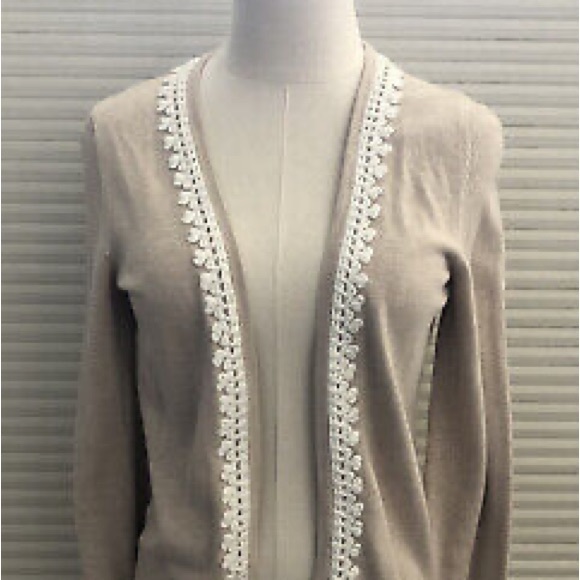 Banana Republic Tan Beige Cotton Knit Open Front Cardigan Lace Crochet Trim XS - Picture 10 of 14
